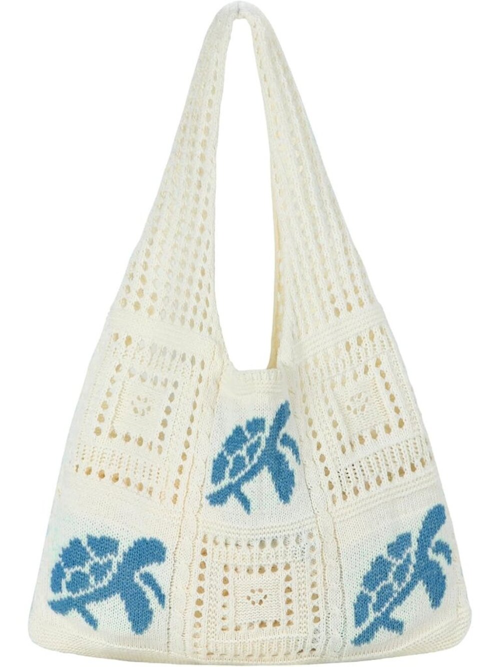 Women's Dark Blue Aesthetic Mesh Beach Tote Bag Summer Vacation Knitted Bag